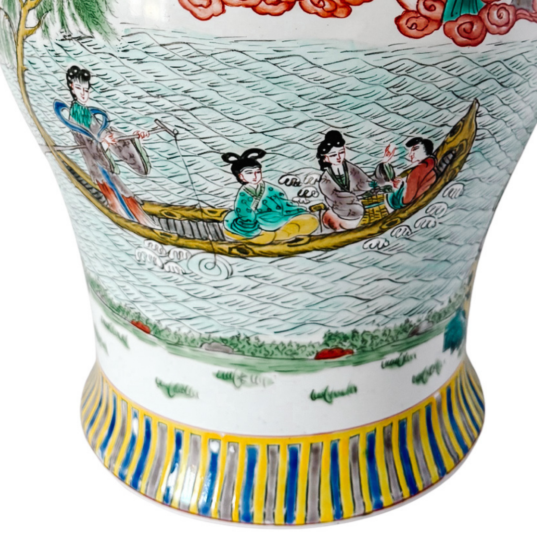 Large Vintage Chinese Famille Verte Wucai Temple Jar & Cover, Immortals Scene