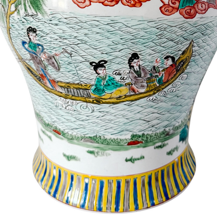Large Vintage Chinese Famille Verte Wucai Temple Jar & Cover, Immortals Scene