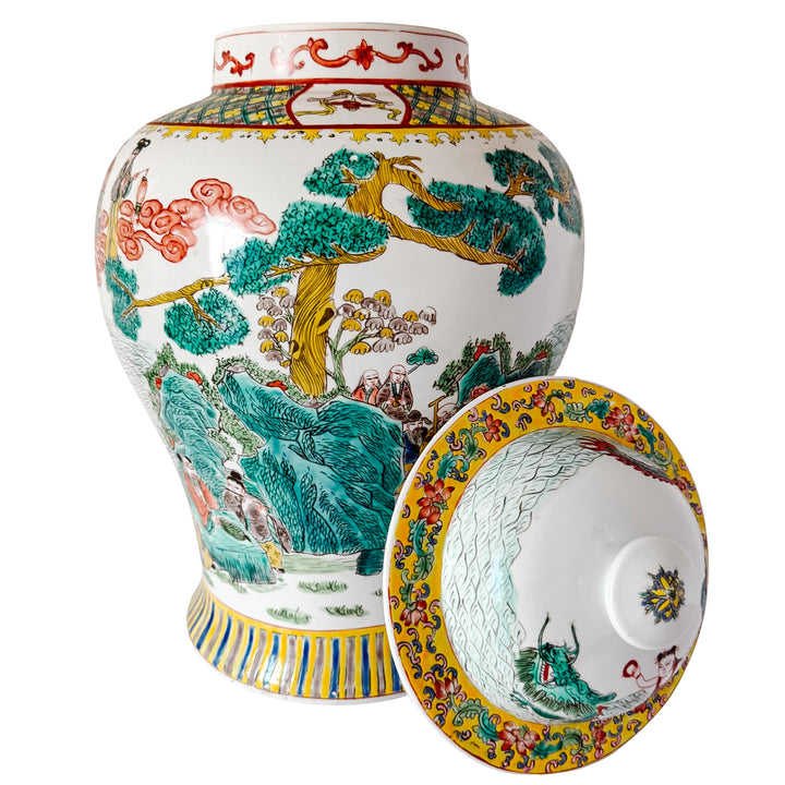 Large Vintage Chinese Famille Verte Wucai Temple Jar & Cover, Immortals Scene
