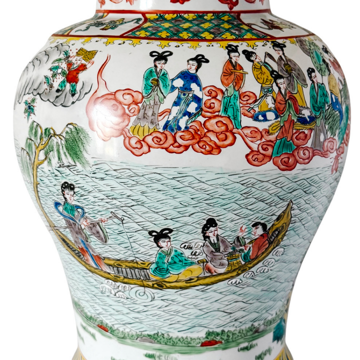 Large Vintage Chinese Famille Verte Wucai Temple Jar & Cover, Immortals Scene