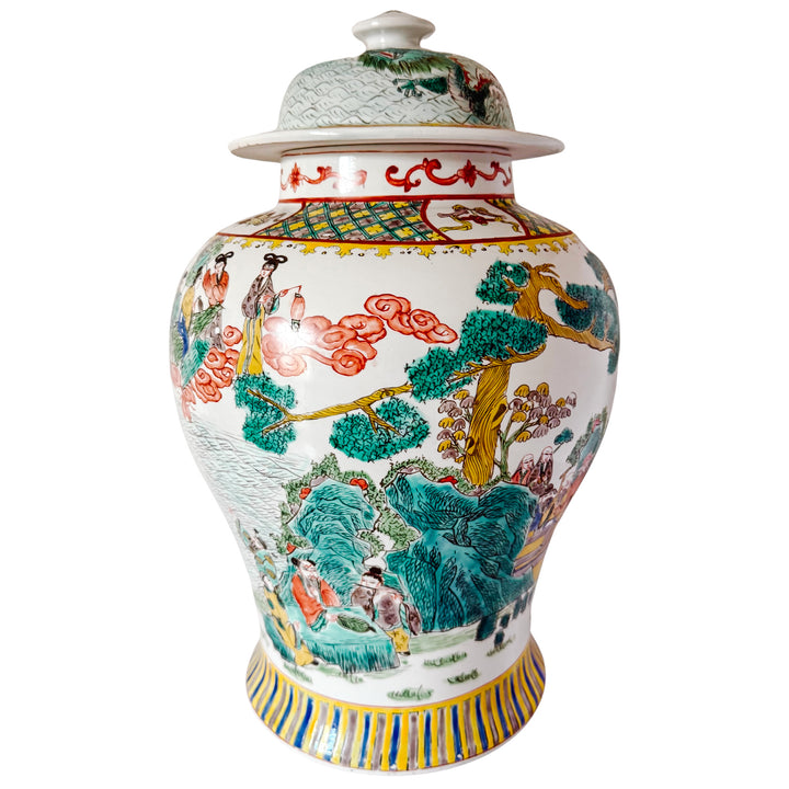 Large Vintage Chinese Famille Verte Wucai Temple Jar & Cover, Immortals Scene