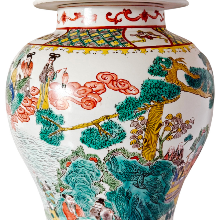 Large Vintage Chinese Famille Verte Wucai Temple Jar & Cover, Immortals Scene
