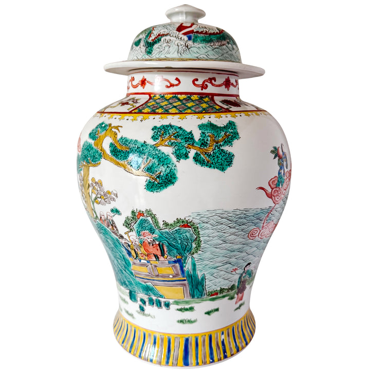 Large Vintage Chinese Famille Verte Wucai Temple Jar & Cover, Immortals Scene