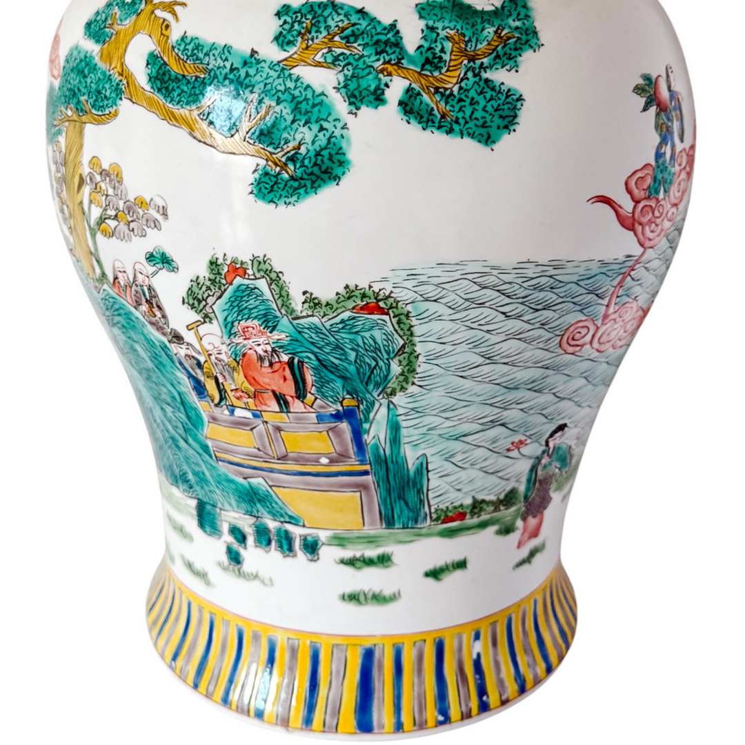 Large Vintage Chinese Famille Verte Wucai Temple Jar & Cover, Immortals Scene