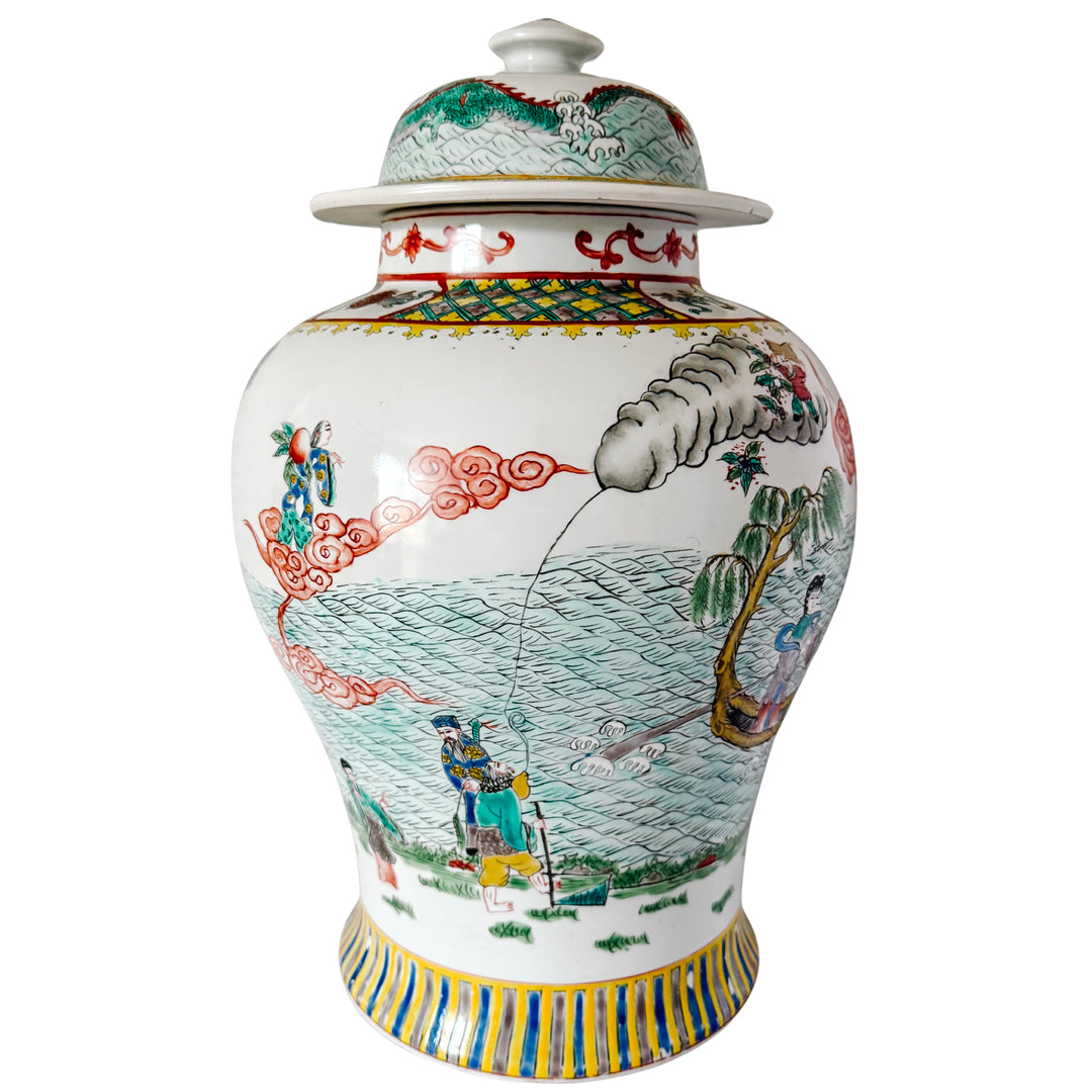 Large Vintage Chinese Famille Verte Wucai Temple Jar & Cover, Immortals Scene