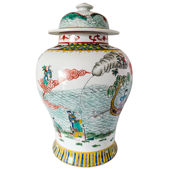 Large Vintage Chinese Famille Verte Wucai Temple Jar & Cover, Immortals Scene
