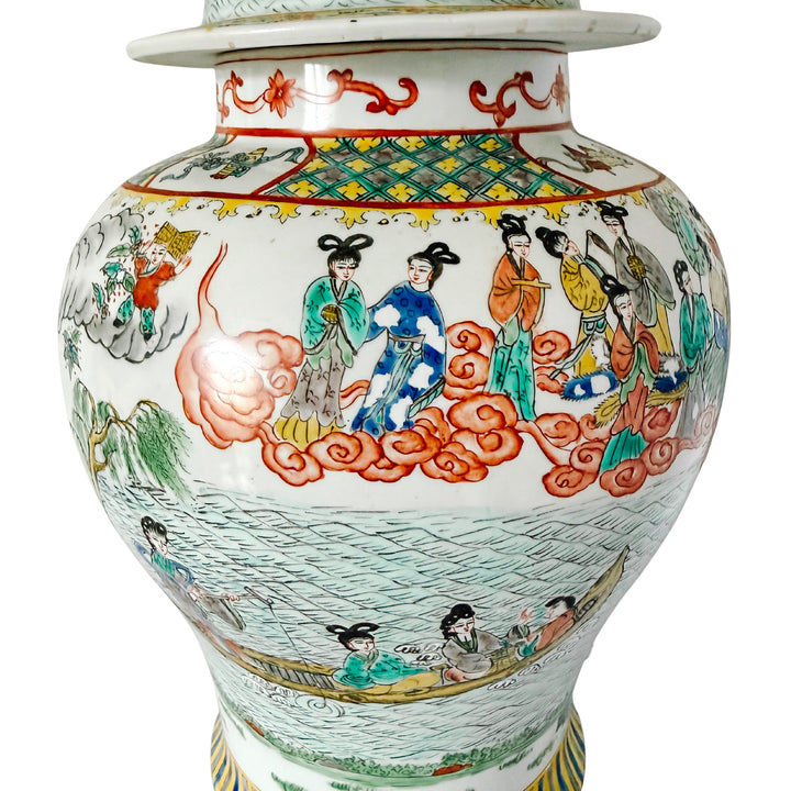 Large Vintage Chinese Famille Verte Wucai Temple Jar & Cover, Immortals Scene