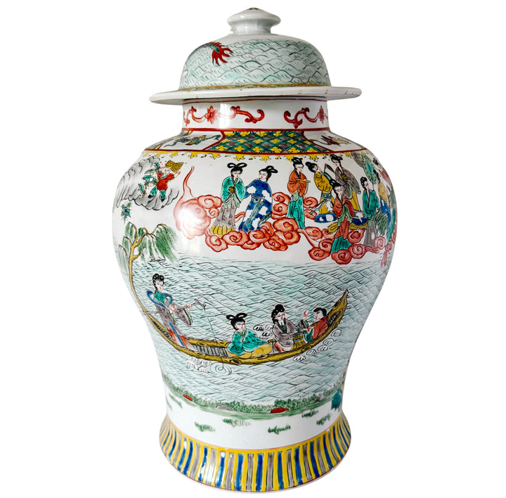 Large Vintage Chinese Famille Verte Wucai Temple Jar & Cover, Immortals Scene