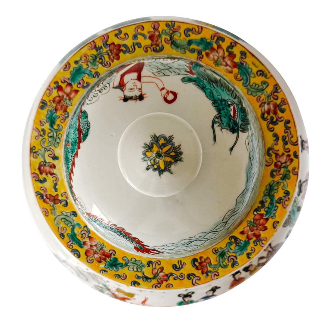 Large Vintage Chinese Famille Verte Wucai Temple Jar & Cover, Immortals Scene