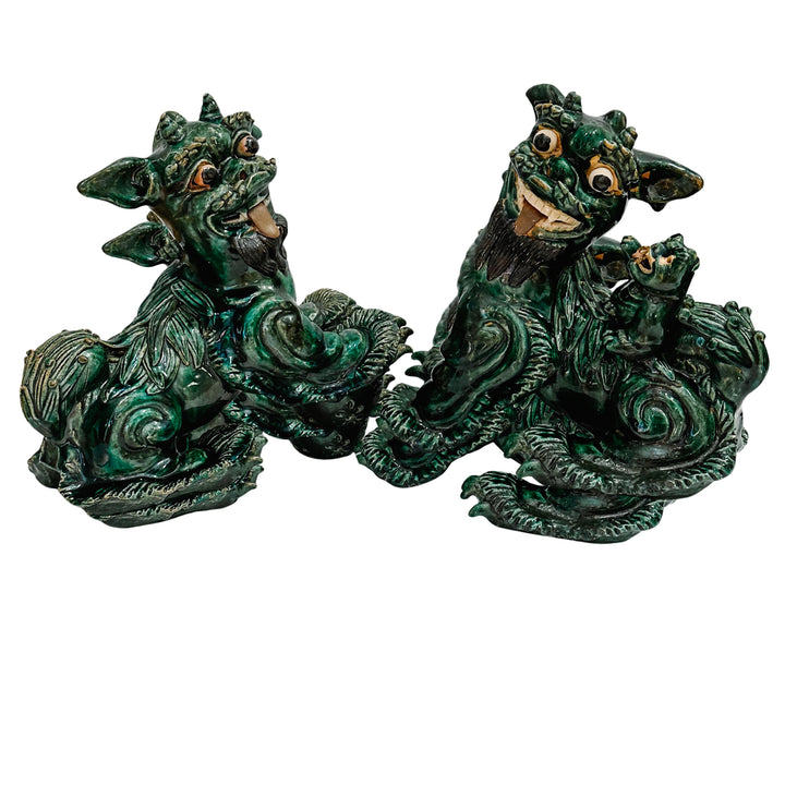 Large Vintage Chinese Green Glazed Pottery Kylin Chinese Dragons
