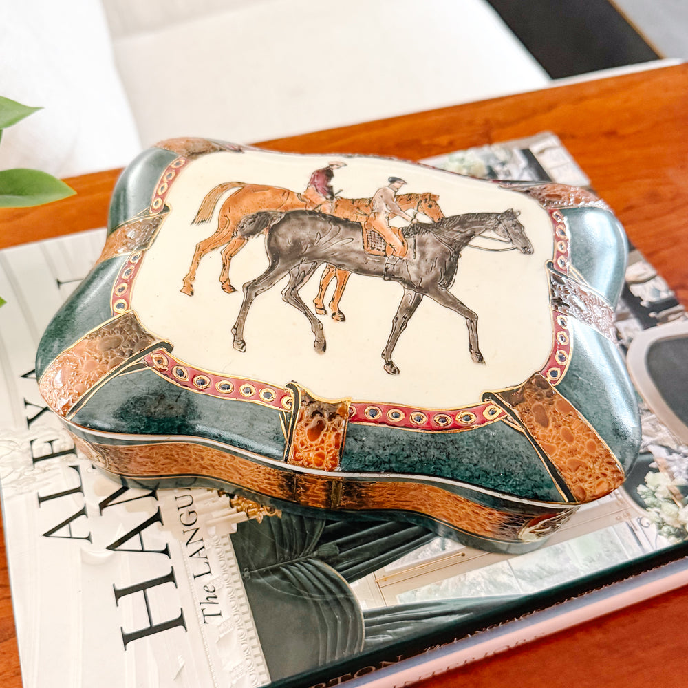 Large Vintage Equestrian Decorative Porcelain Box