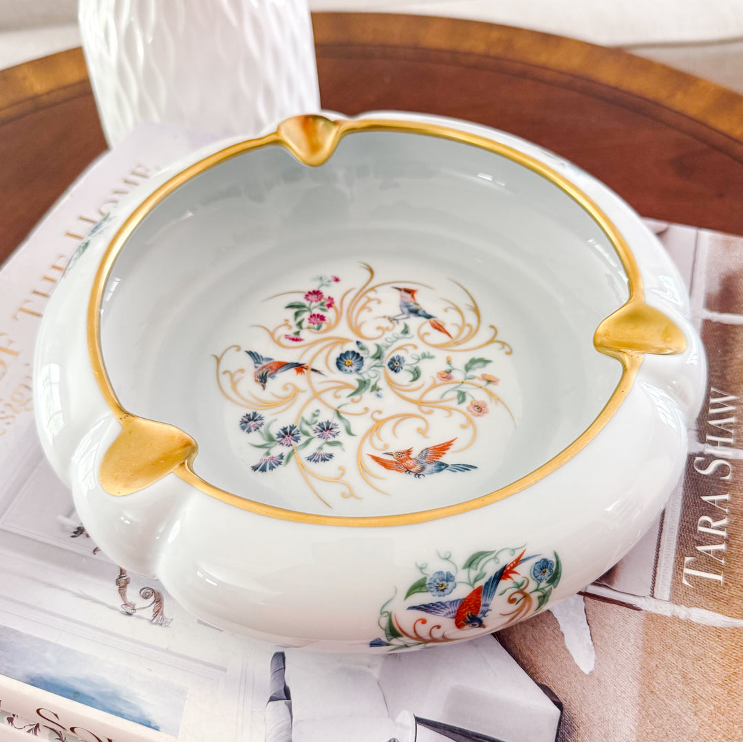 Large Vintage French Limoges Porcelain Ashtray With Birds of Paradise & 22k Gold Gilding