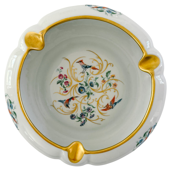 Large Vintage French Limoges Porcelain Ashtray With Birds of Paradise & 22k Gold Gilding