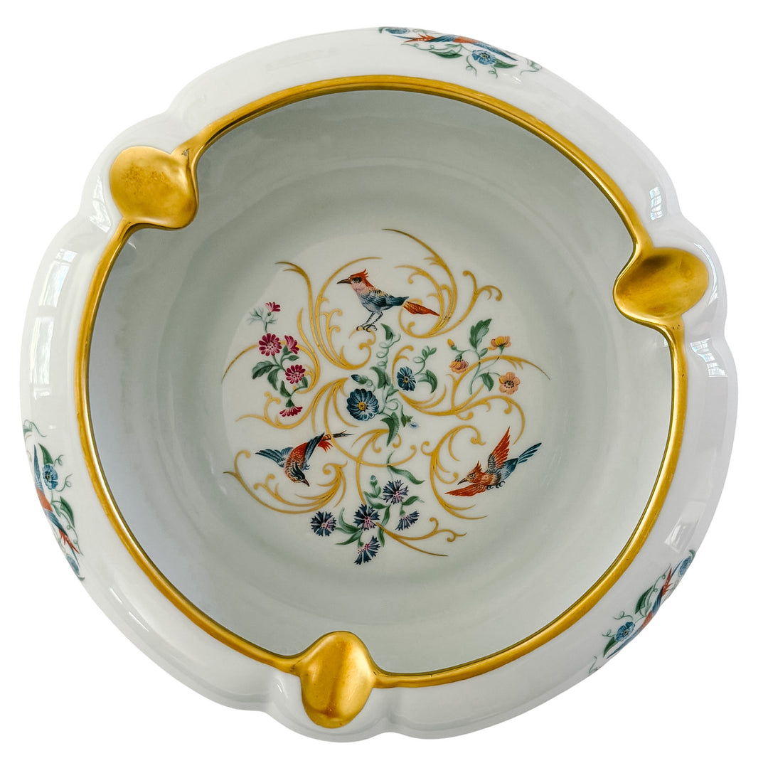 Large Vintage French Limoges Porcelain Ashtray With Birds of Paradise & 22k Gold Gilding