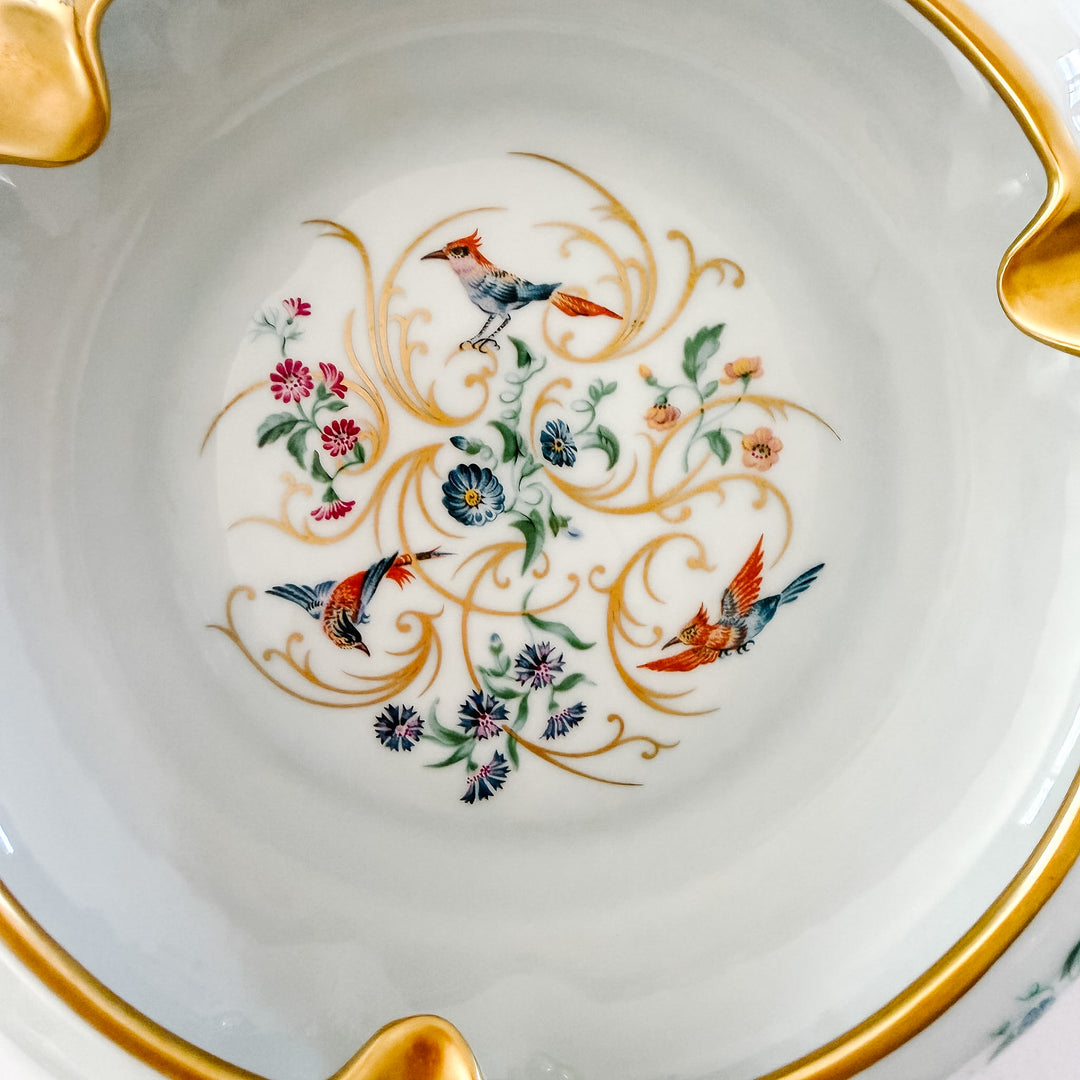 Large Vintage French Limoges Porcelain Ashtray With Birds of Paradise & 22k Gold Gilding