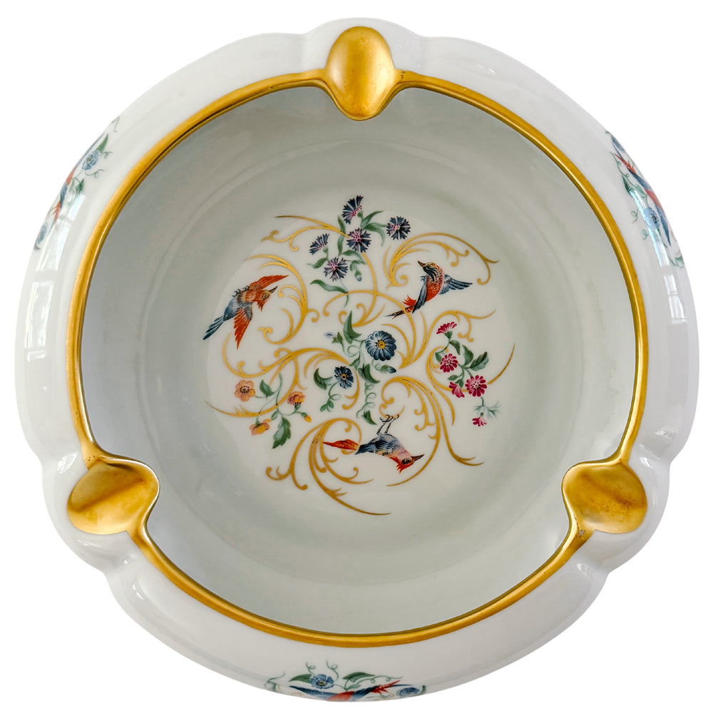Large Vintage French Limoges Porcelain Ashtray With Birds of Paradise & 22k Gold Gilding
