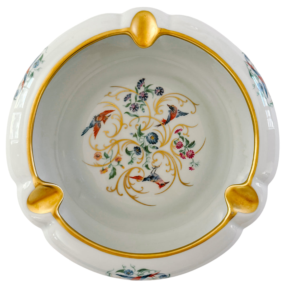Large Vintage French Limoges Porcelain Ashtray With Birds of Paradise & 22k Gold Gilding