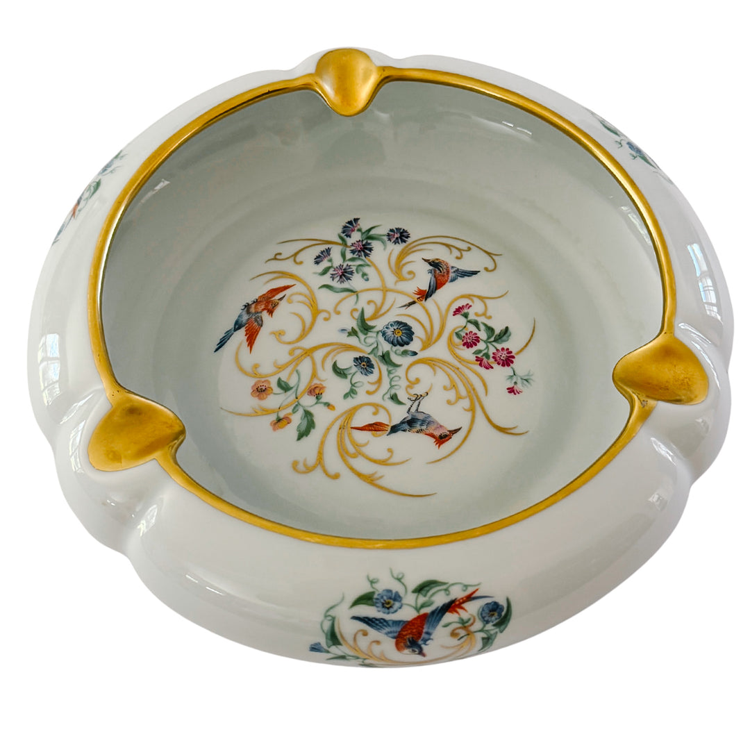 Large Vintage French Limoges Porcelain Ashtray With Birds of Paradise & 22k Gold Gilding