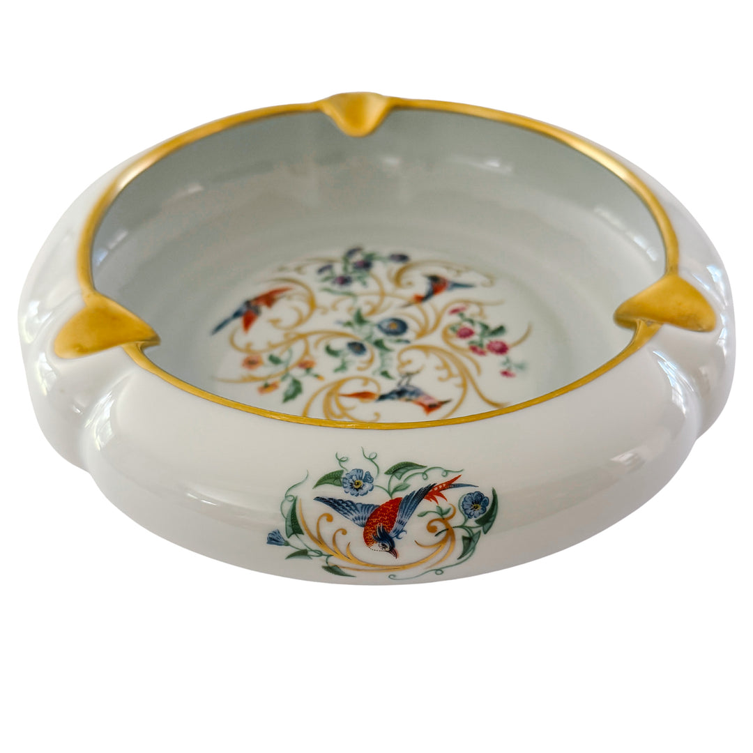 Large Vintage French Limoges Porcelain Ashtray With Birds of Paradise & 22k Gold Gilding