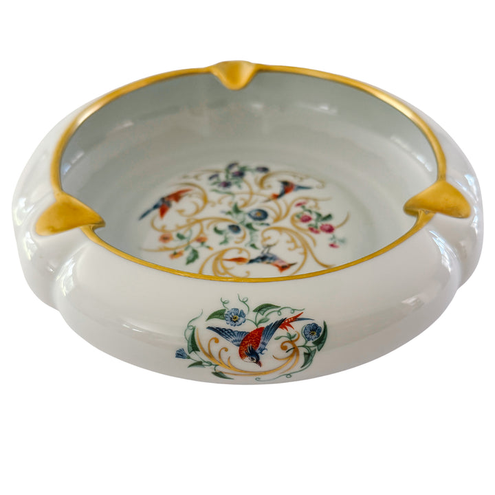 Large Vintage French Limoges Porcelain Ashtray With Birds of Paradise & 22k Gold Gilding