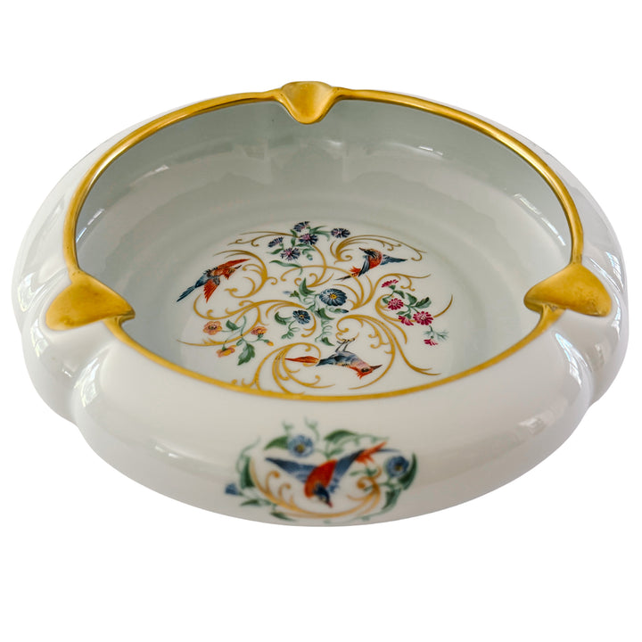 Large Vintage French Limoges Porcelain Ashtray With Birds of Paradise & 22k Gold Gilding