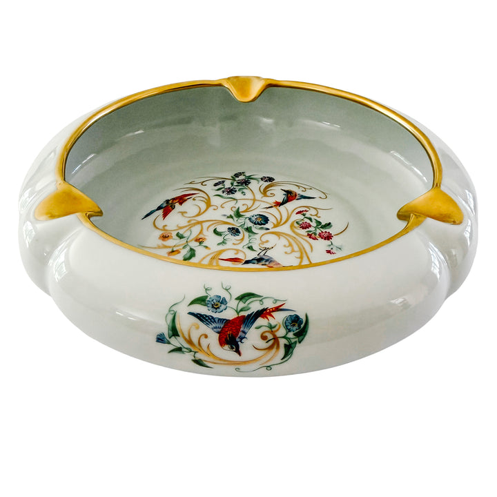 Large Vintage French Limoges Porcelain Ashtray With Birds of Paradise & 22k Gold Gilding