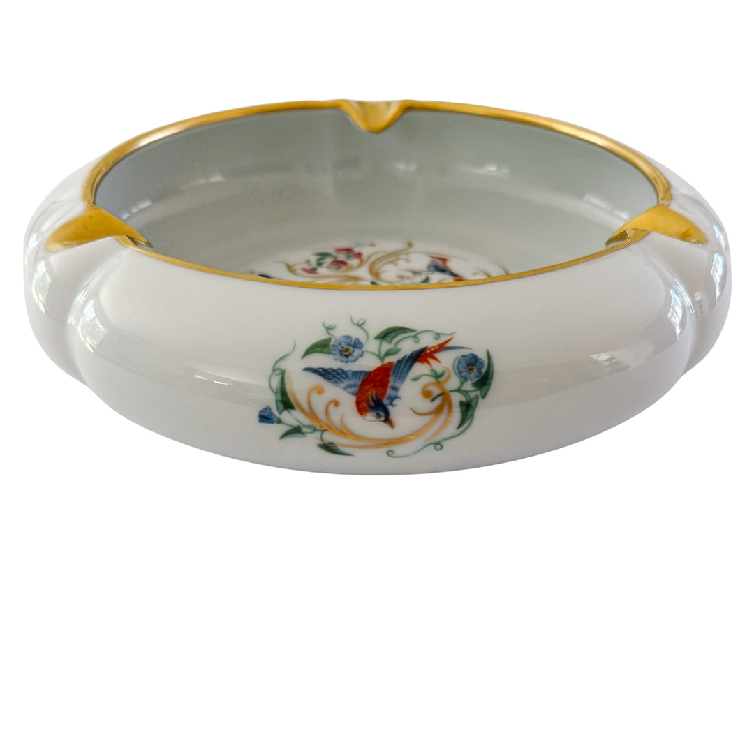 Large Vintage French Limoges Porcelain Ashtray With Birds of Paradise & 22k Gold Gilding