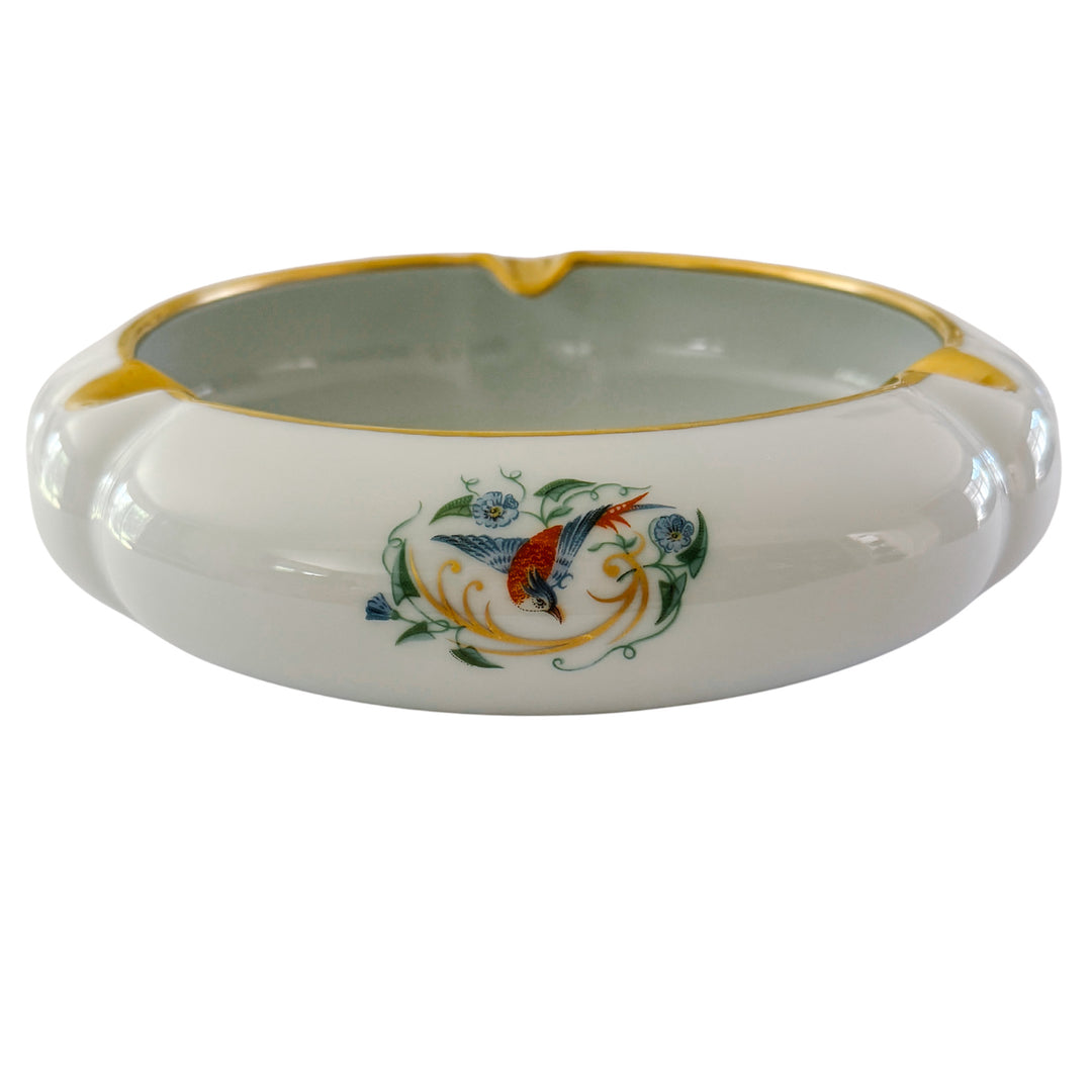 Large Vintage French Limoges Porcelain Ashtray With Birds of Paradise & 22k Gold Gilding