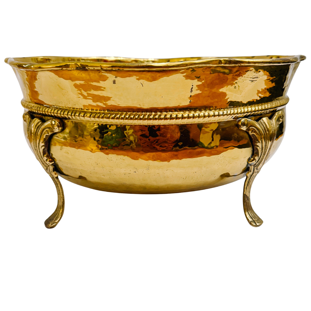Large Vintage Hammered Brass Oval Footed Jardiniere