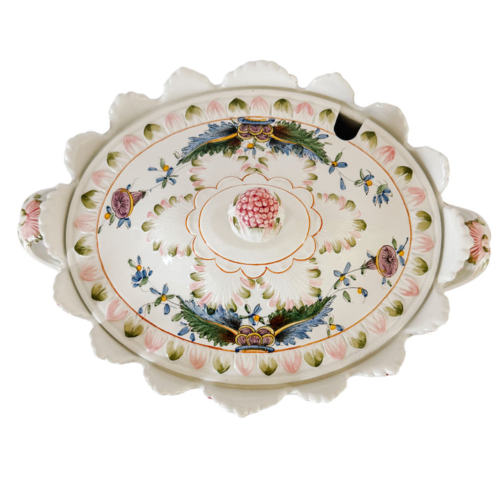 Large Vintage Italian Faience Porcelain Soup Tureen Set With Platter & Ladle