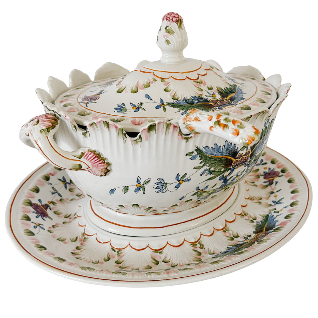 Large Vintage Italian Faience Porcelain Soup Tureen Set With Platter & Ladle