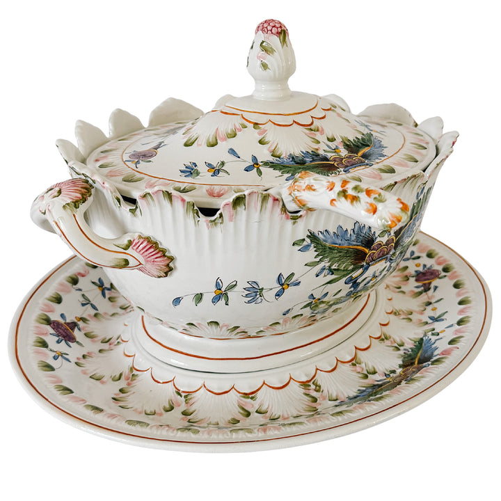 Large Vintage Italian Faience Porcelain Soup Tureen Set With Platter & Ladle