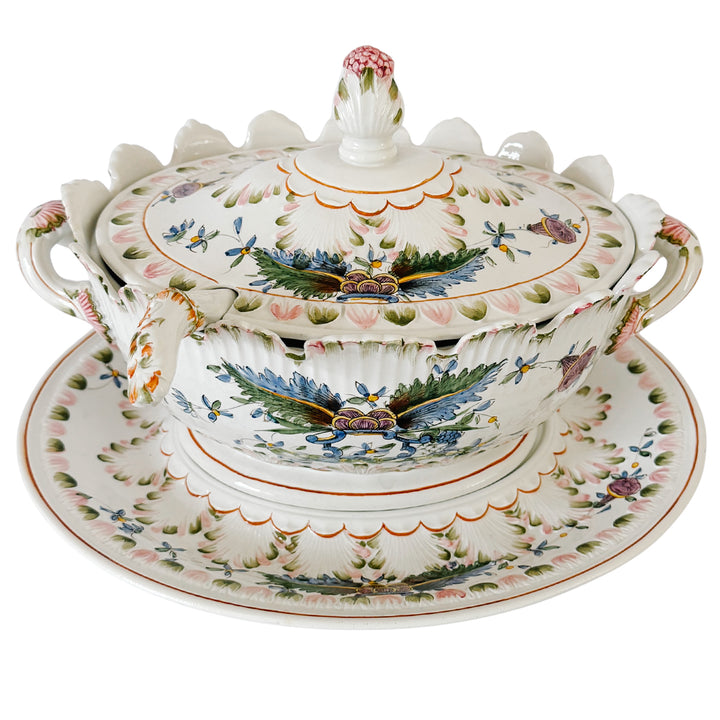Large Vintage Italian Faience Porcelain Soup Tureen Set With Platter & Ladle