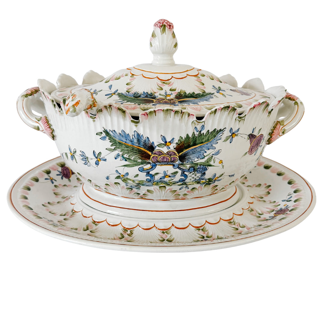 Large Vintage Italian Faience Porcelain Soup Tureen Set With Platter & Ladle