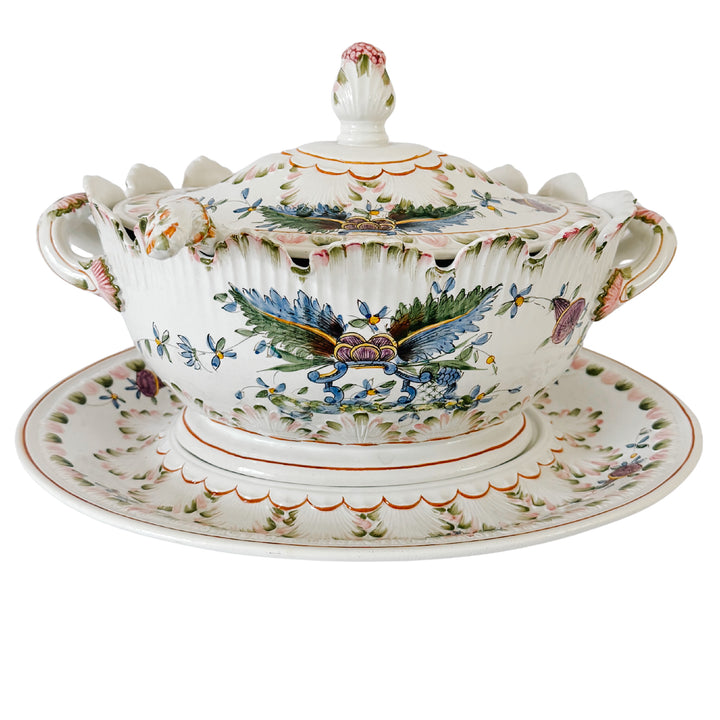 Large Vintage Italian Faience Porcelain Soup Tureen Set With Platter & Ladle