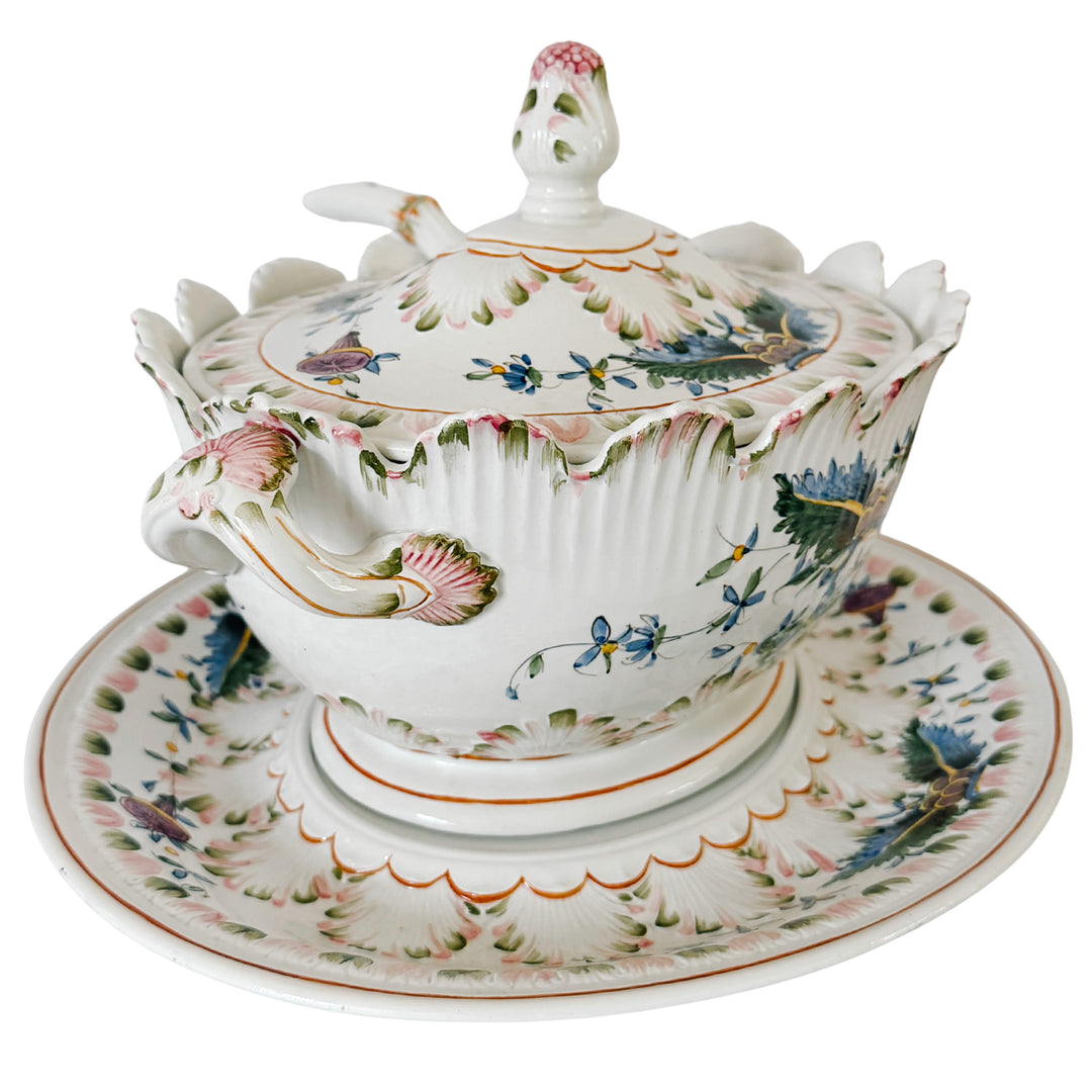 Large Vintage Italian Faience Porcelain Soup Tureen Set With Platter & Ladle