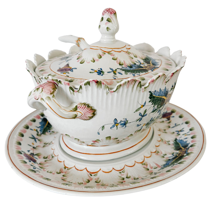 Large Vintage Italian Faience Porcelain Soup Tureen Set With Platter & Ladle