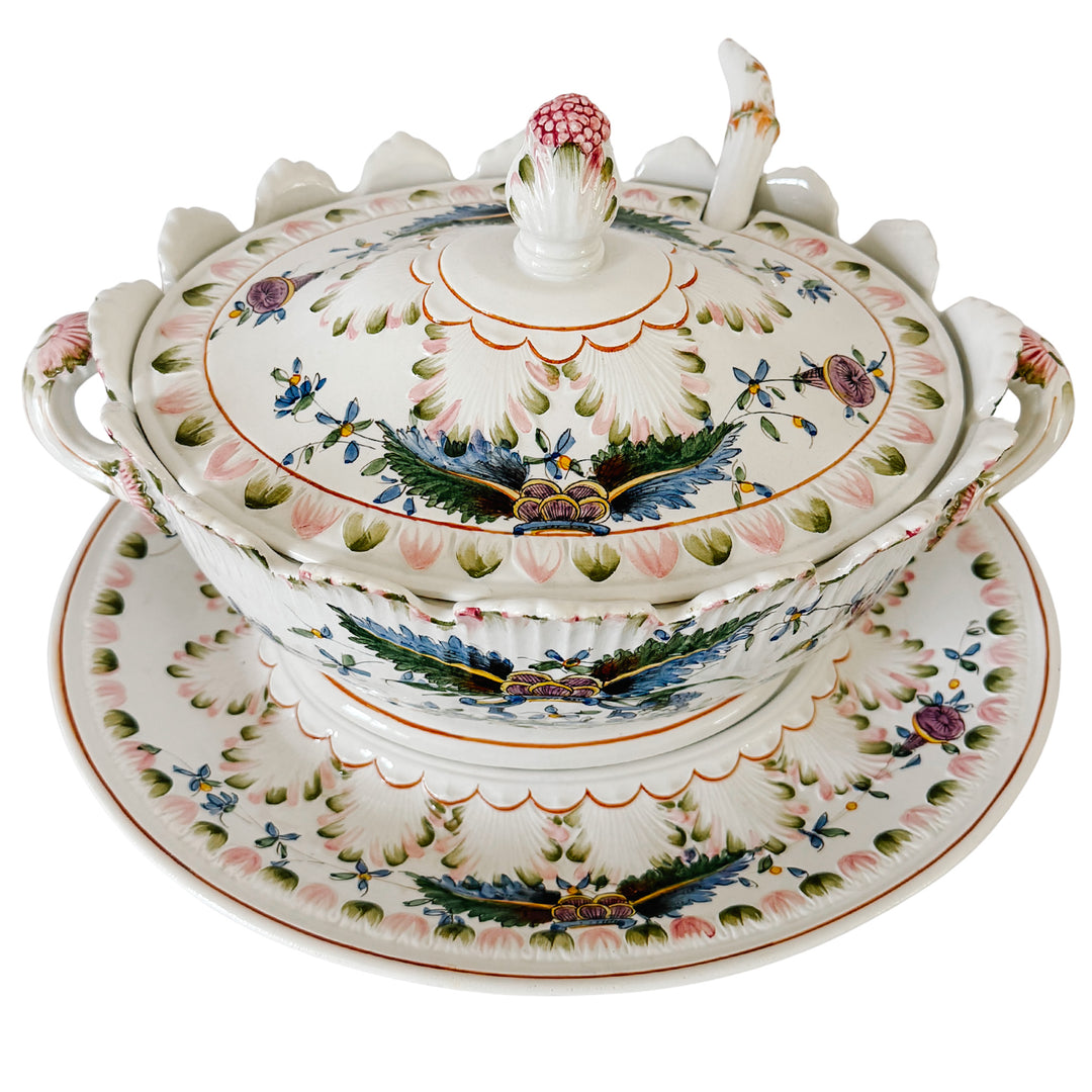 Large Vintage Italian Faience Porcelain Soup Tureen Set With Platter & Ladle