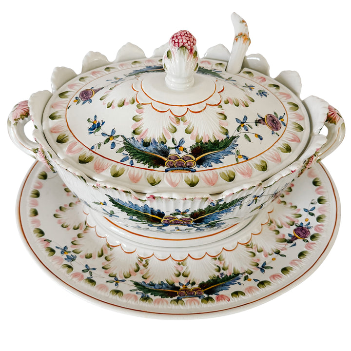 Large Vintage Italian Faience Porcelain Soup Tureen Set With Platter & Ladle