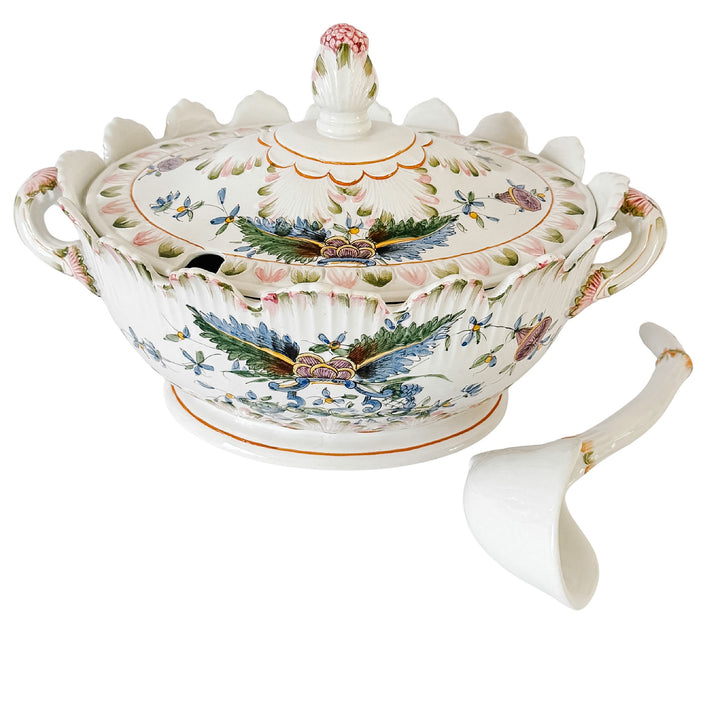 Large Vintage Italian Faience Porcelain Soup Tureen Set With Platter & Ladle