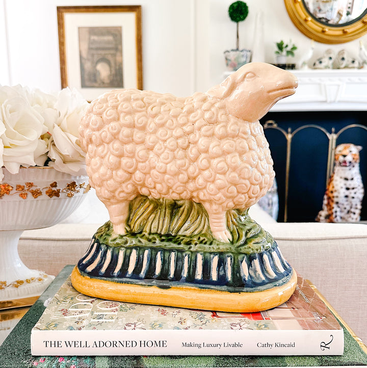 Large Vintage Majolica Style Pedestal Sheep