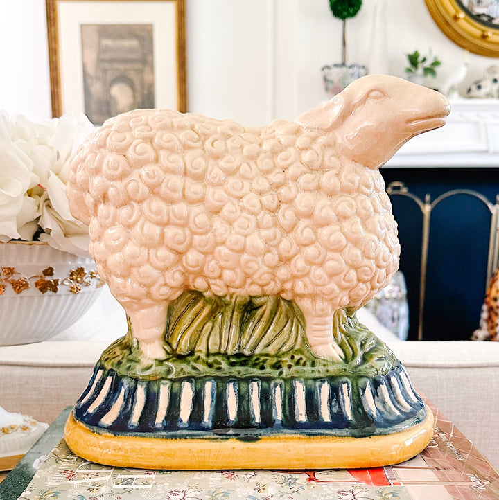 Large Vintage Majolica Style Pedestal Sheep