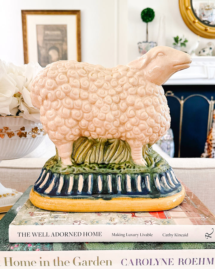 Large Vintage Majolica Style Pedestal Sheep