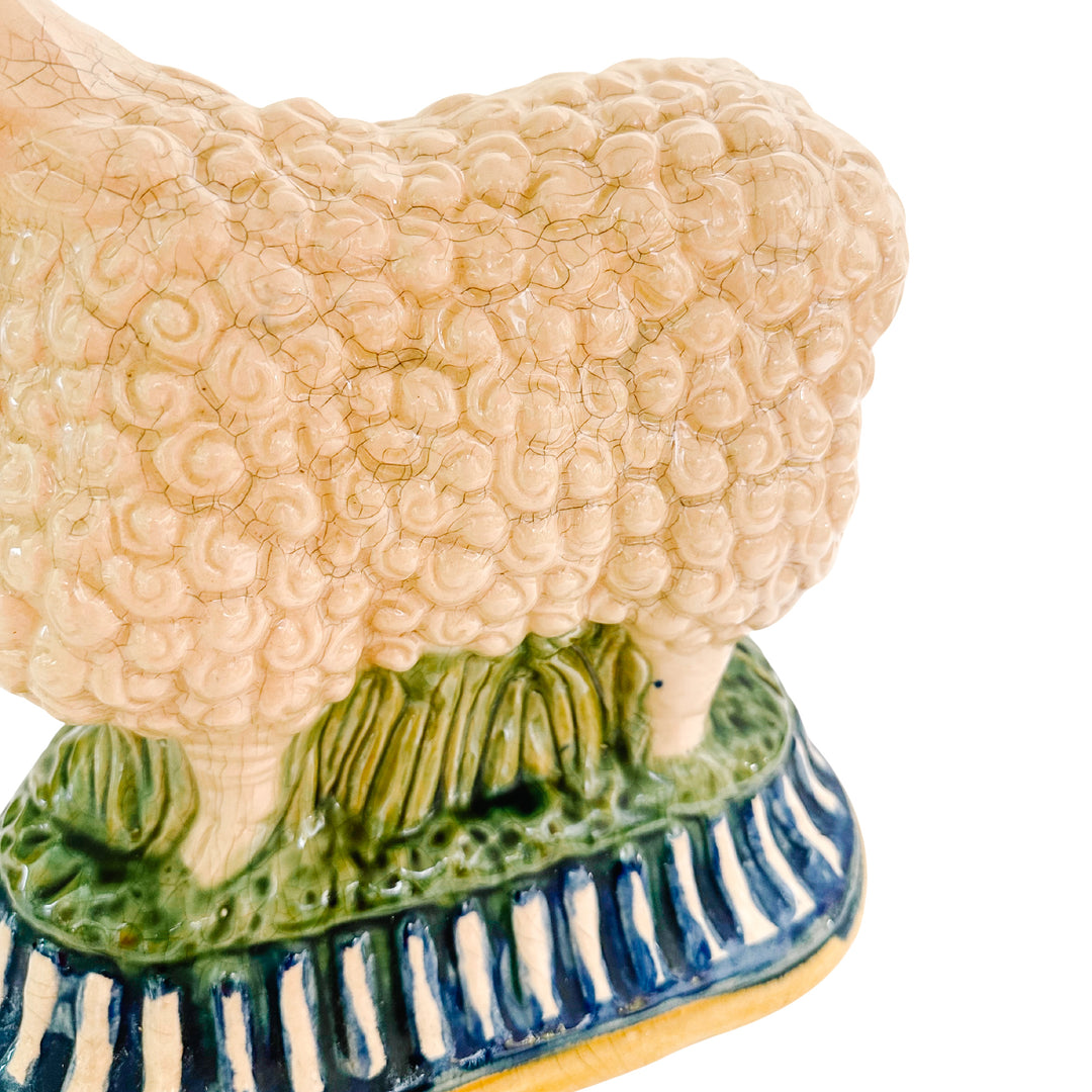 Large Vintage Majolica Style Pedestal Sheep