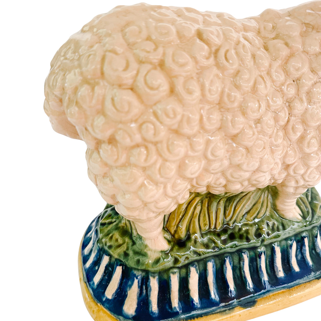 Large Vintage Majolica Style Pedestal Sheep