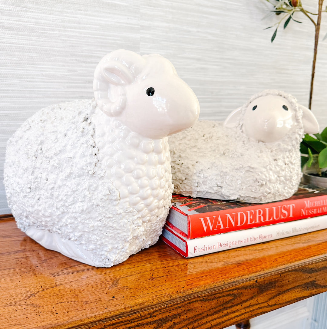 Large Vintage White Ceramic Ram & Sheep Figurines