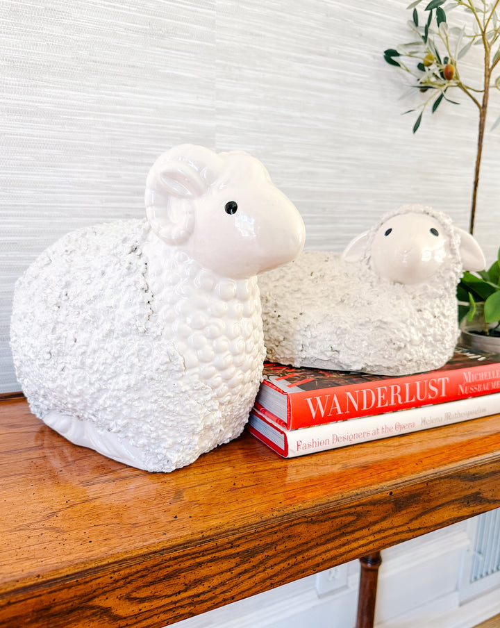 Large Vintage White Ceramic Ram & Sheep Figurines
