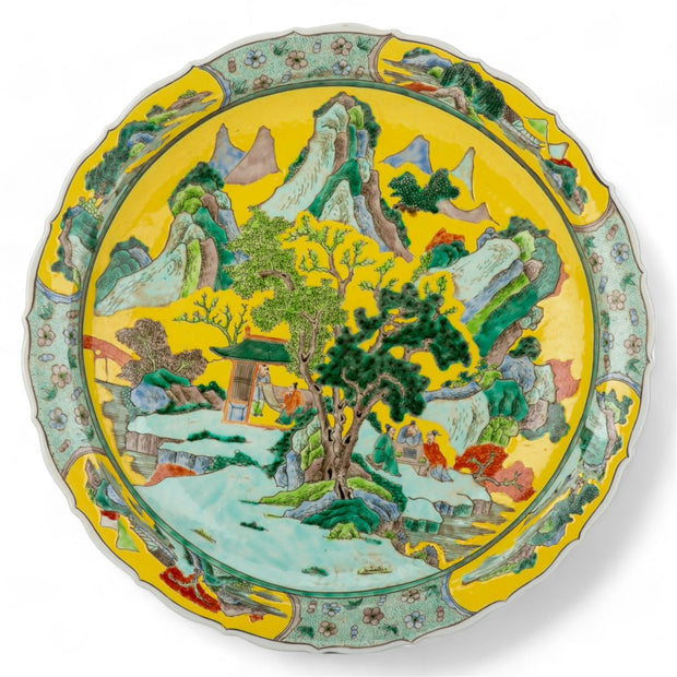 Large Yellow Ground Chinese Landscape Decorative Plate 17.5"