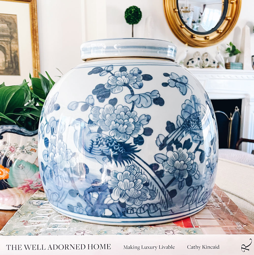 Large Blue & White Chinoiserie Floral Bird Ming Jar
