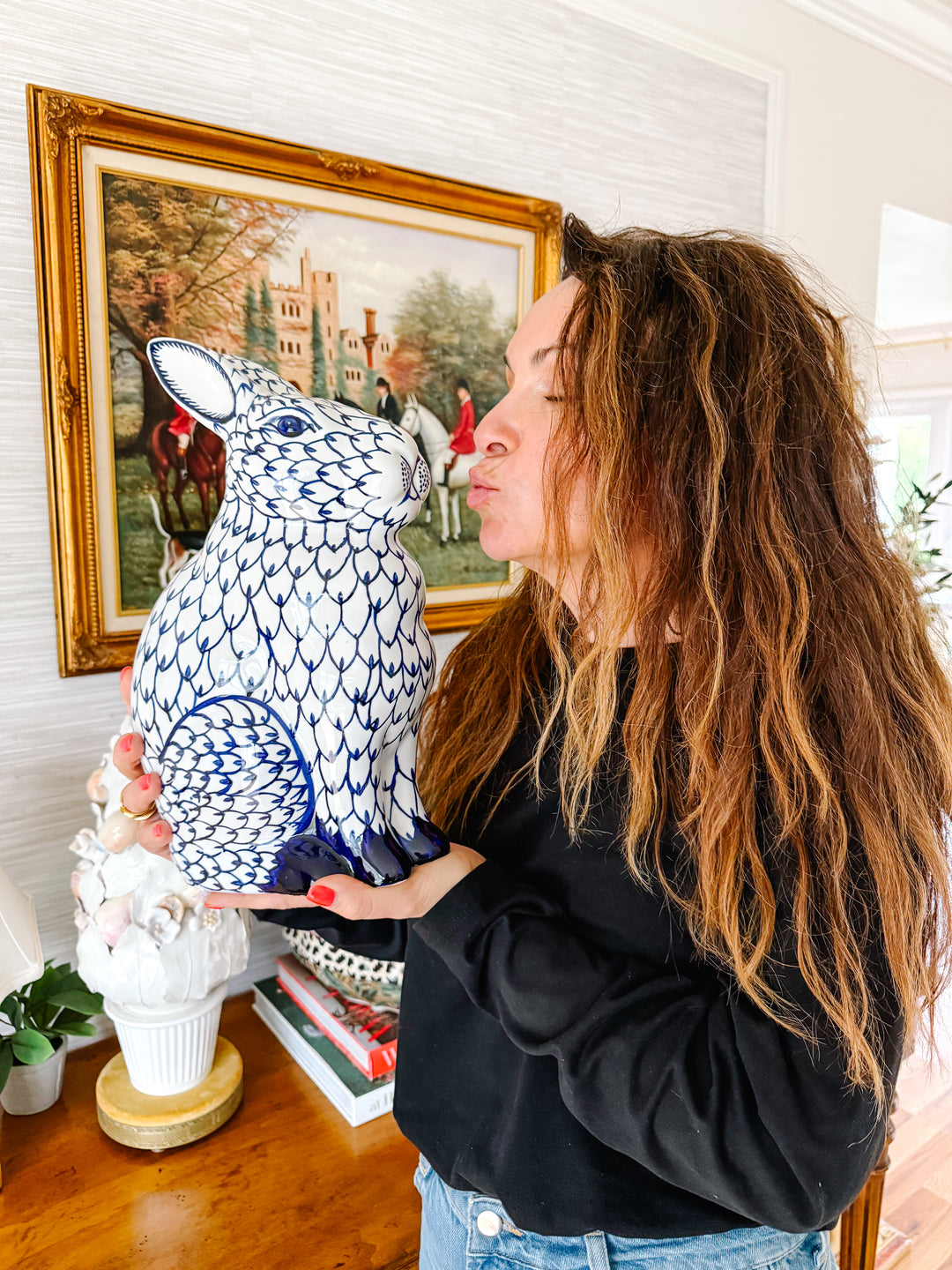 Large Blue & White Fishnet Porcelain Bunny Rabbit
